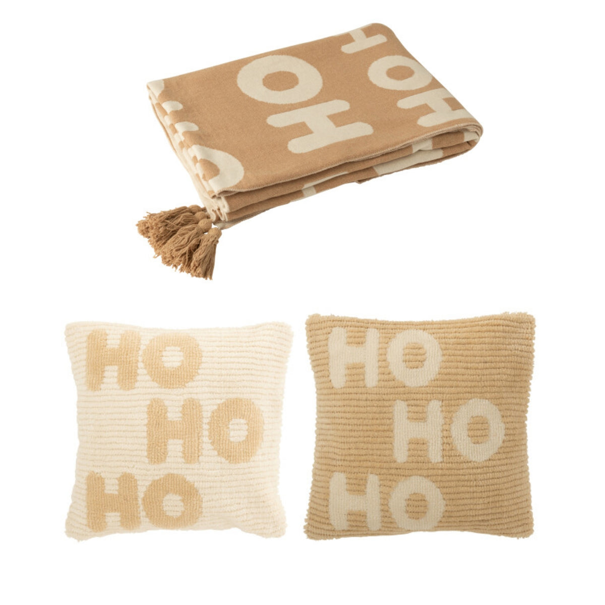 Pack de Noël Plaid & Coussins de Noël HoHoHo Beige/Blanc J-Line