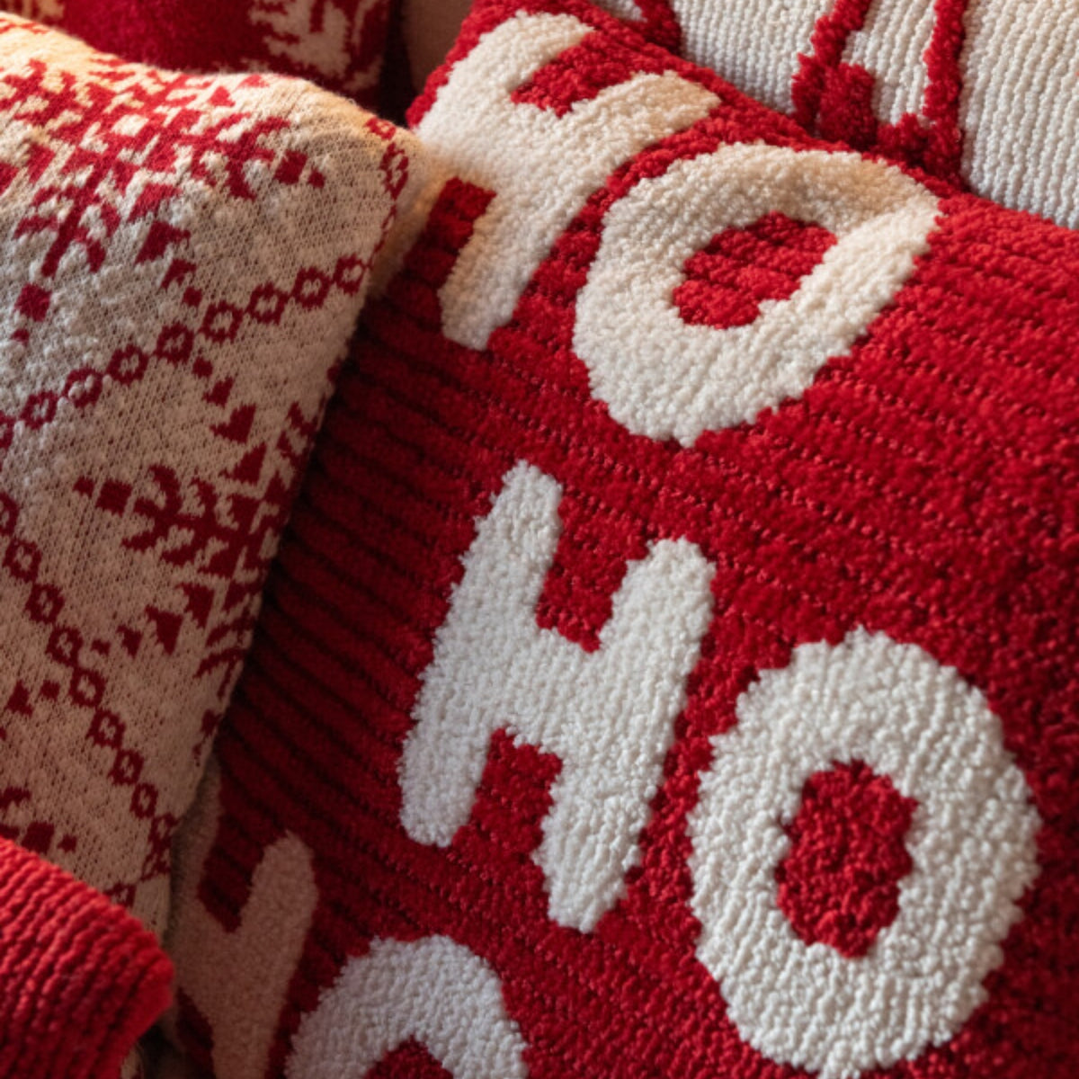 Set de Noël Plaid & Coussins de Noël HoHoHo Rouge/Blanc J-Line