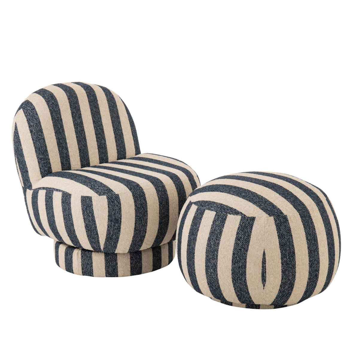 Fauteuil avec pouf en tissu rayé bleu/blanc cassé J-Line