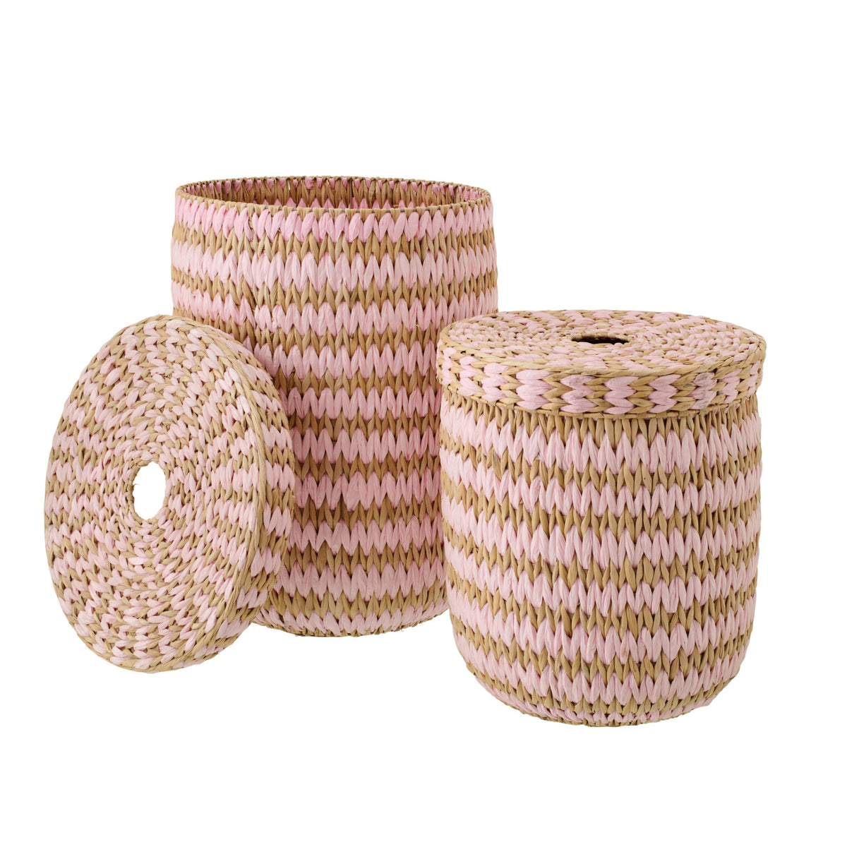 Lot de 2 paniers avec couvercle, bordure rayée naturel/rose clair J-Line