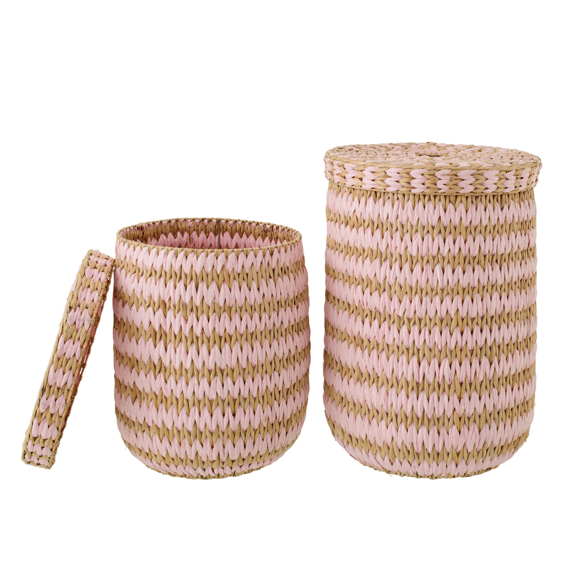 Lot de 2 paniers avec couvercle, bordure rayée naturel/rose clair J-Line