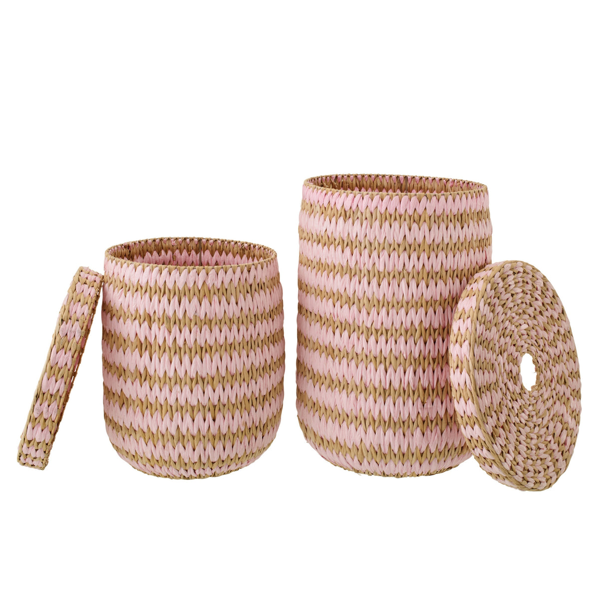 Lot de 2 paniers avec couvercle, bordure rayée naturel/rose clair J-Line