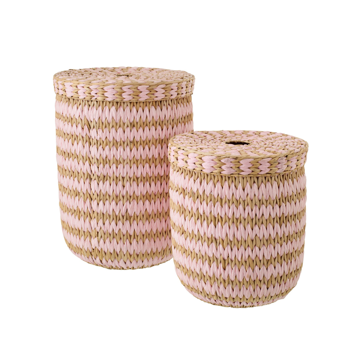 Lot de 2 paniers avec couvercle, bordure rayée naturel/rose clair J-Line
