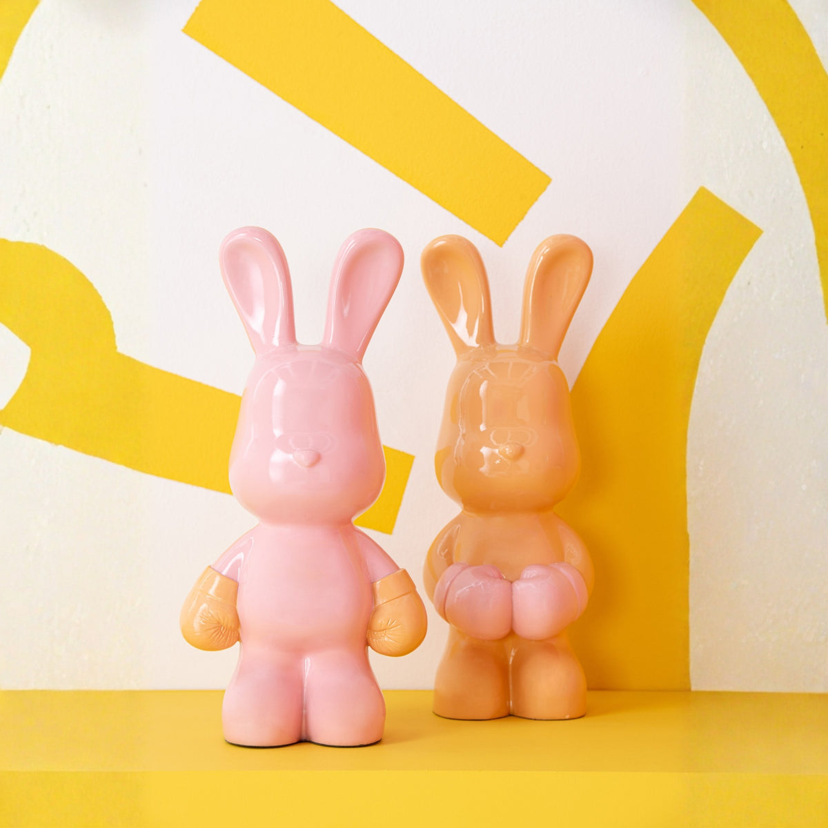 Lapin Ray Boxe en polyrésine rose clair/abricot, lot de 2 J-Line