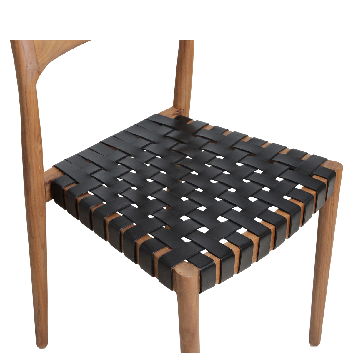 Chaise de salle à manger en teck Freya sans accoudoirs, cuir noir, lot de 2, Raw Materials