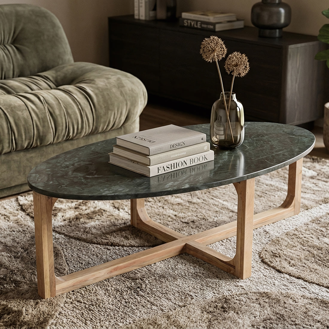 Table basse ovale en marbre vert Raw Materials