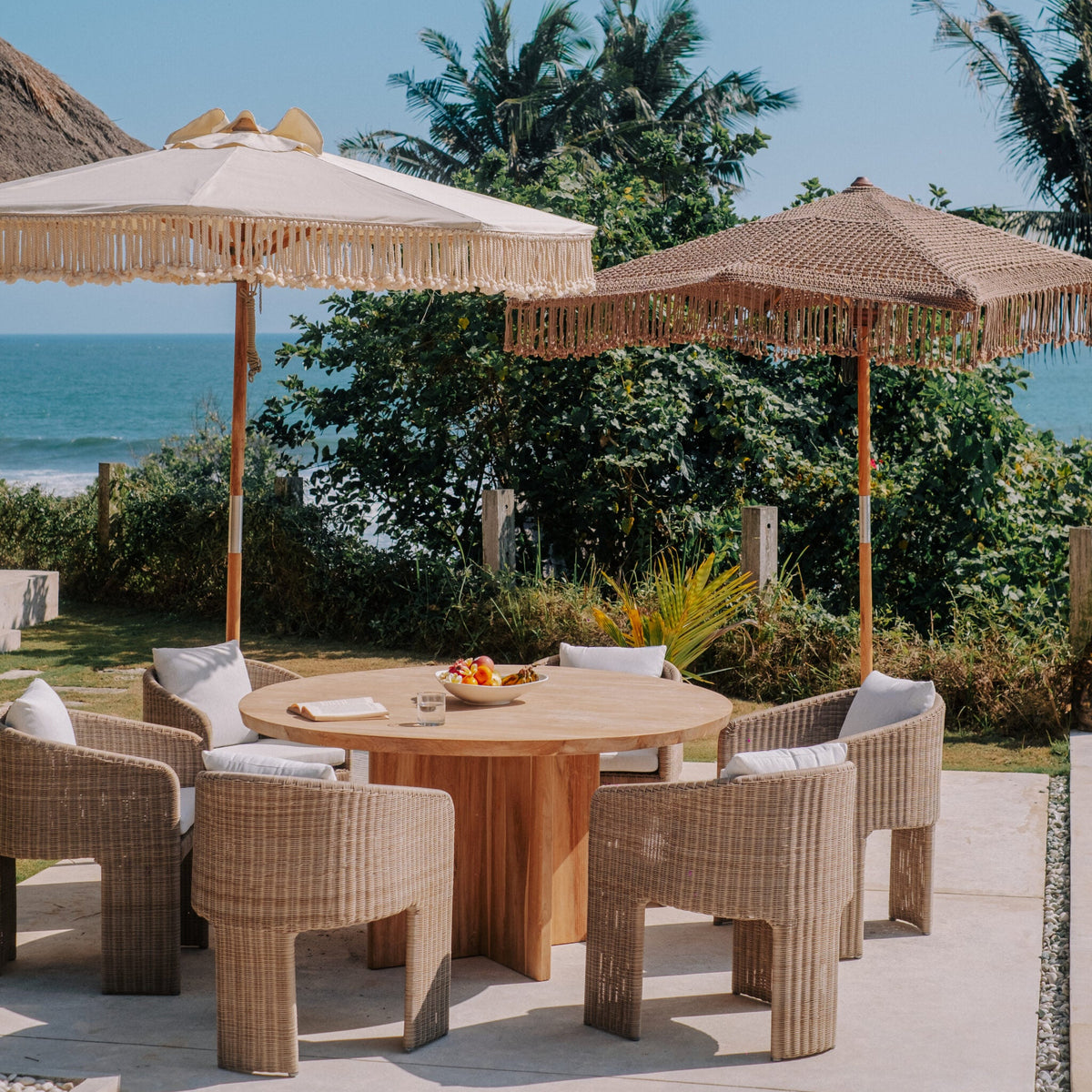 Canvas Parasol Fringe - Crème 250cm - Handgeknoopte parasol - Todo Bien - livinglovely.nl