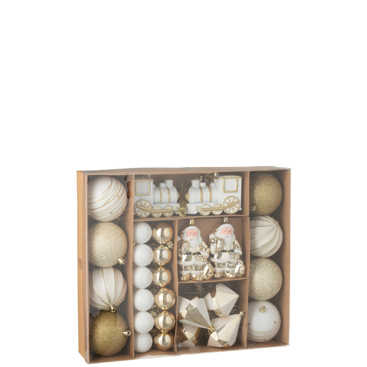 Boîte de 55 boules de Noël en plastique couleur or/blanc J-Line