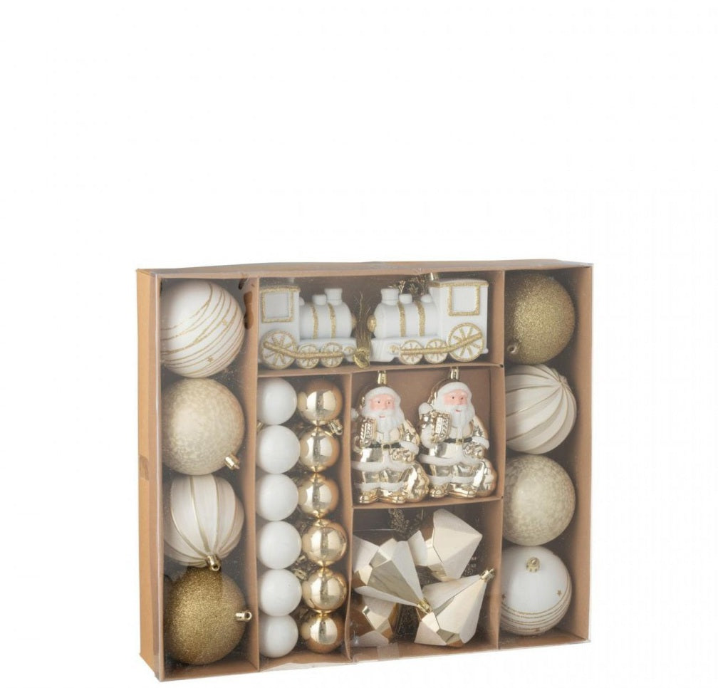 Boîte de 55 boules de Noël en plastique couleur or/blanc J-Line