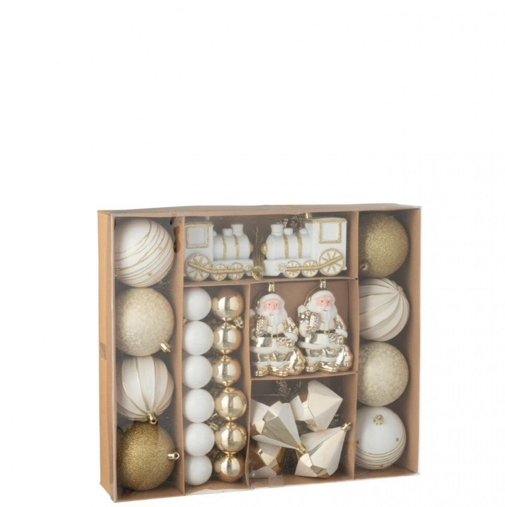 Boîte de 55 boules de Noël en plastique couleur or/blanc J-Line