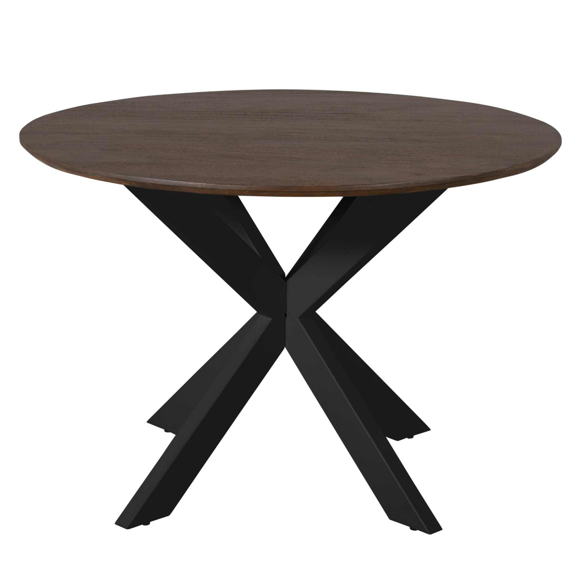 Eettafel Madison 110cm van Starfurn schuin van voren met het ronde bruine blad en de zwarte voet