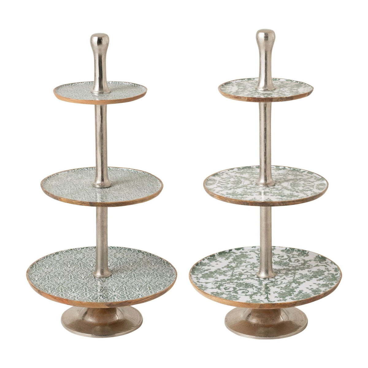 Étagère 3 niveaux en bois de manguier vert/blanc, lot de 2 J-Line