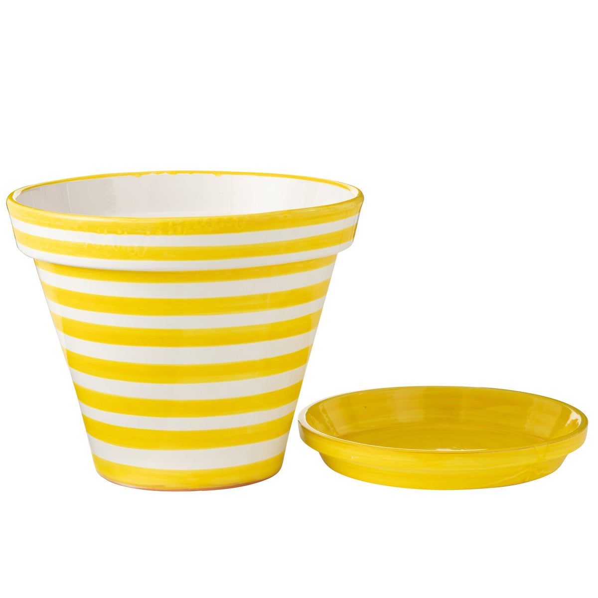 Pot de fleurs + assiette Granada Stripes en céramique, fait main et peint, jaune, extra large