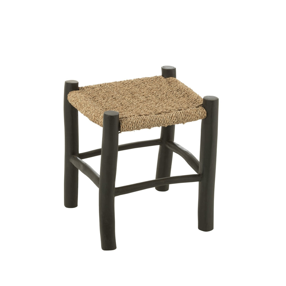 Tabouret Carré Bois de Teck/Jute Noir/Naturel
