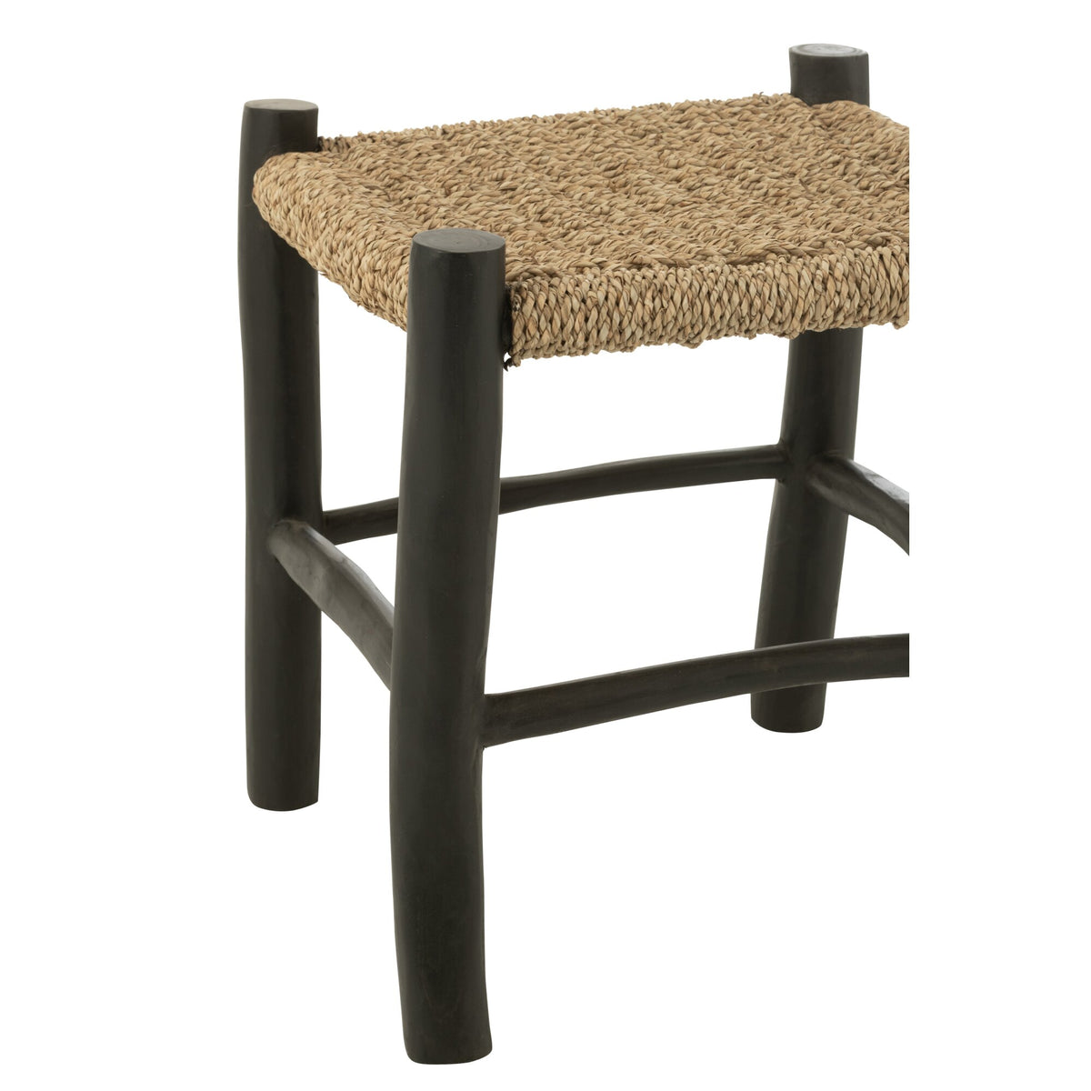Tabouret Carré Bois de Teck/Jute Noir/Naturel