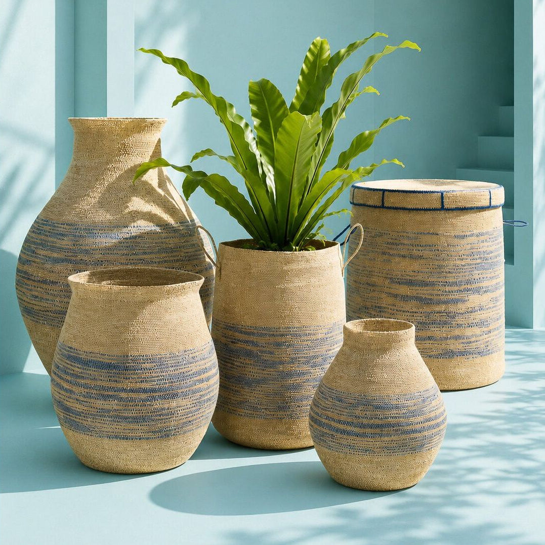 Panier à rayures en jonc de mer naturel/bleu, grand modèle, J-Line
