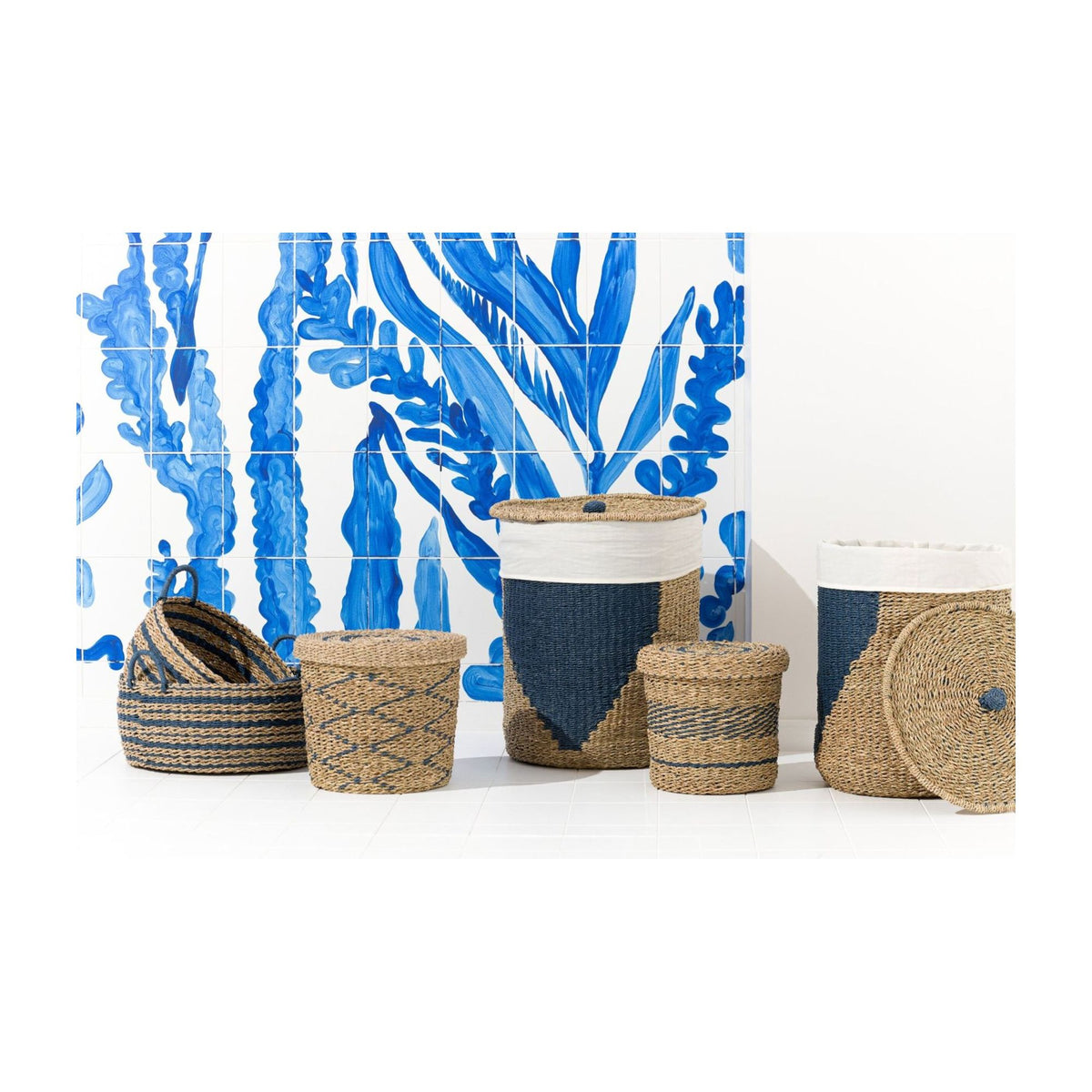 Paniers en papier rayé Naturel/Bleu Lot de 2 J-Line
