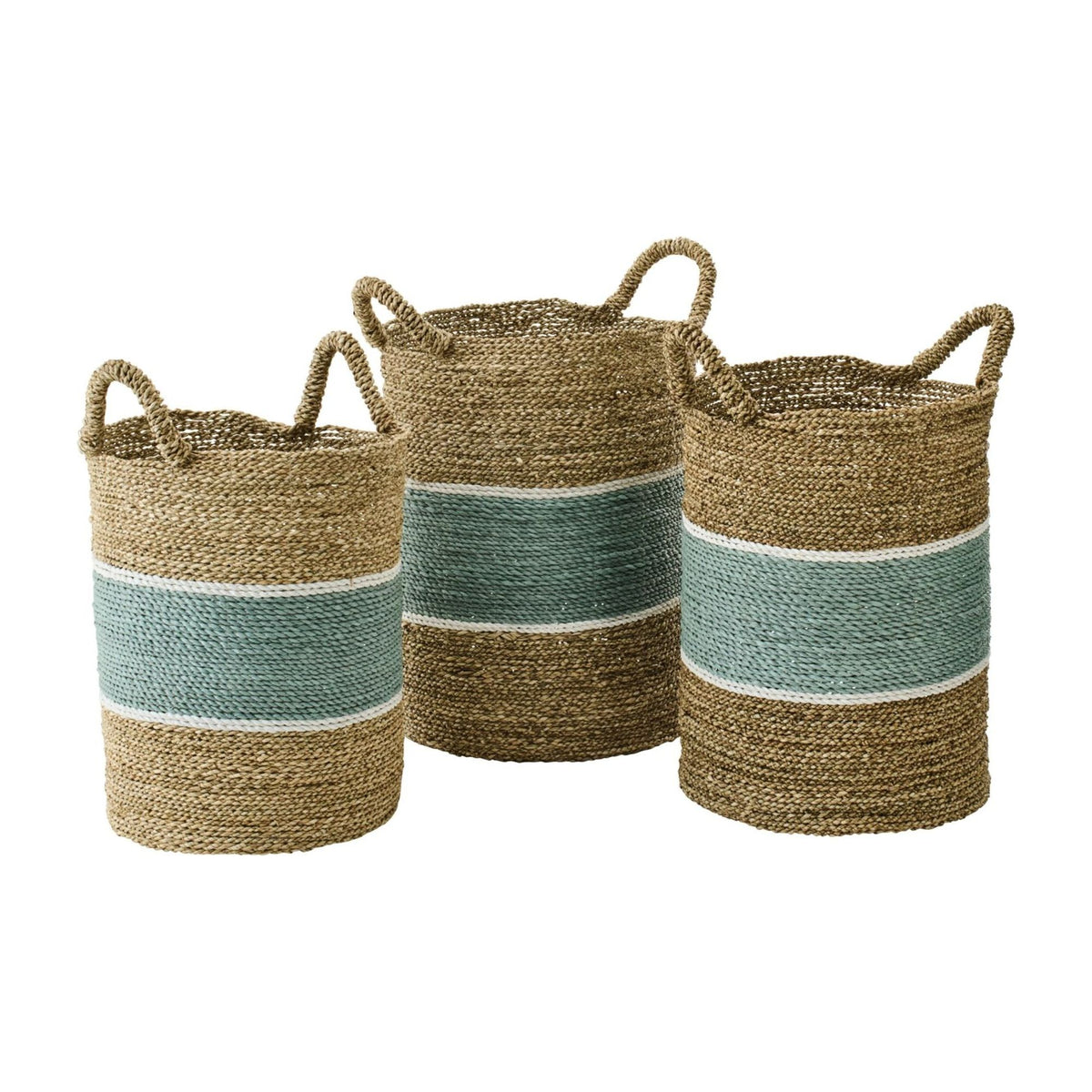 Paniers en jonc de mer rayés naturel/turquoise, lot de 3 J-Line