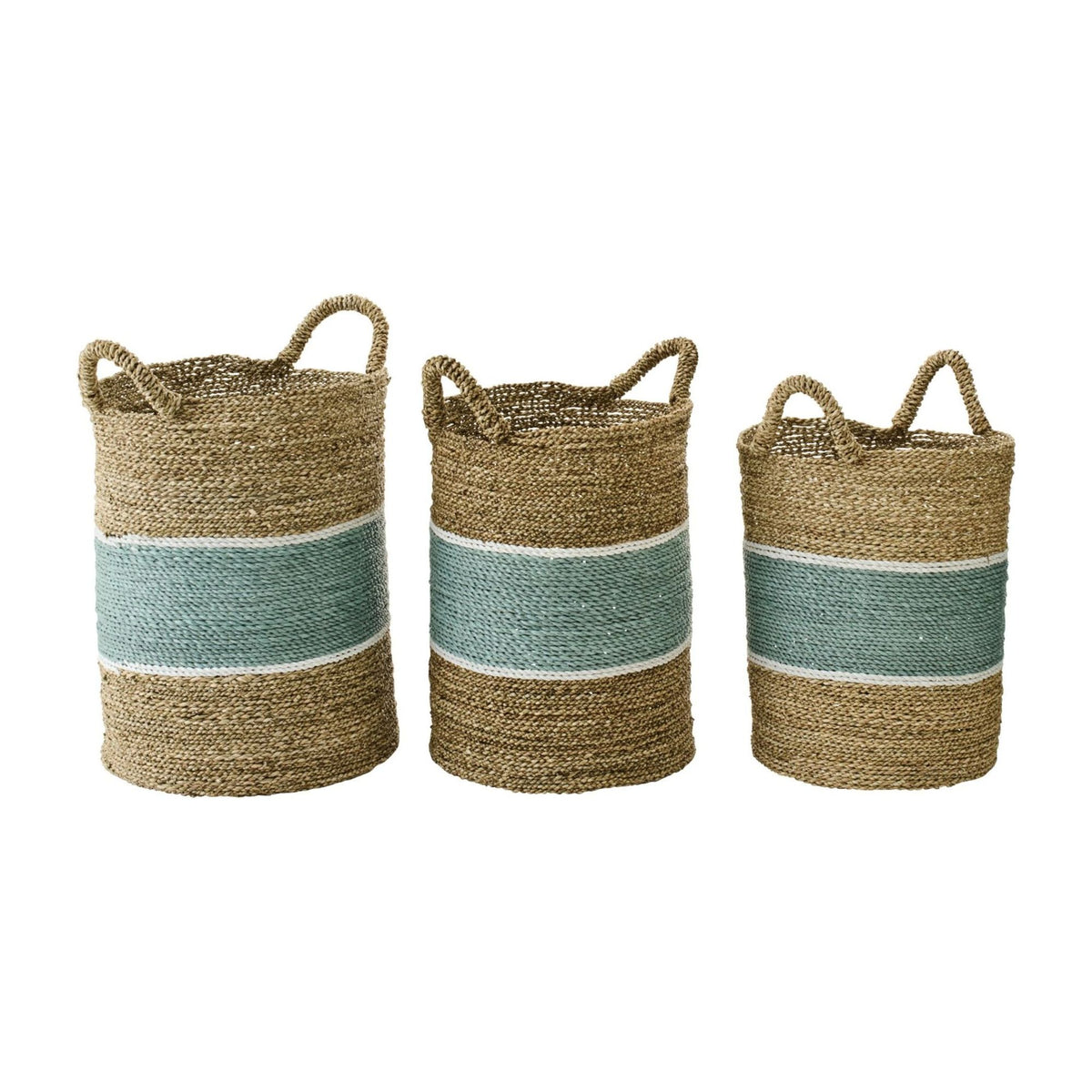 Paniers en jonc de mer rayés naturel/turquoise, lot de 3 J-Line