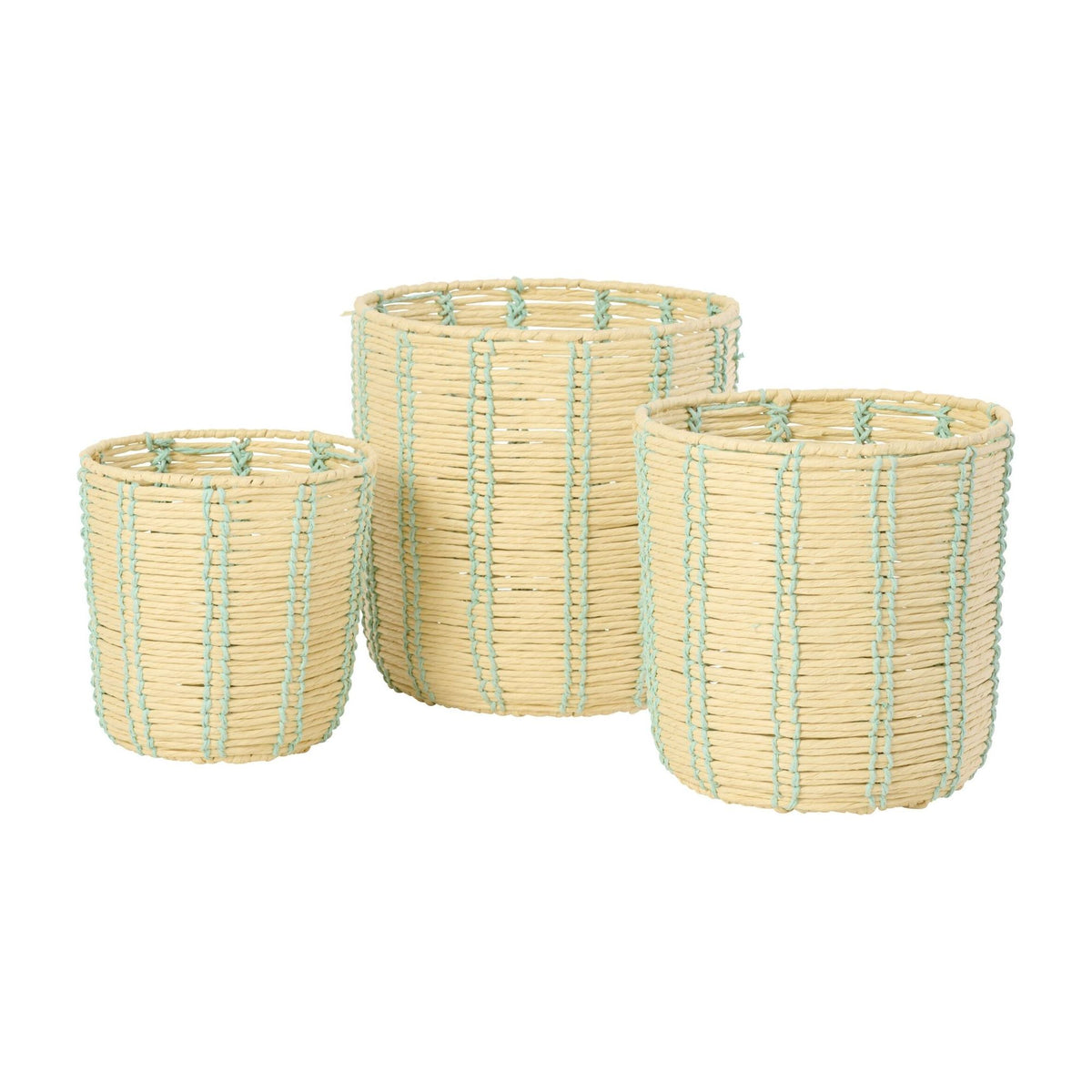 Paniers ronds en papier rayé naturel/bleu azur, lot de 3 J-Line