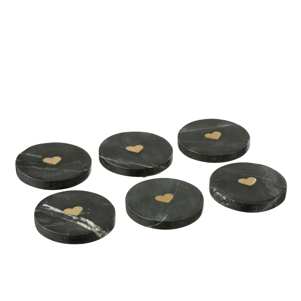 Lot de 6 sous-verres cœur en marbre noir/doré