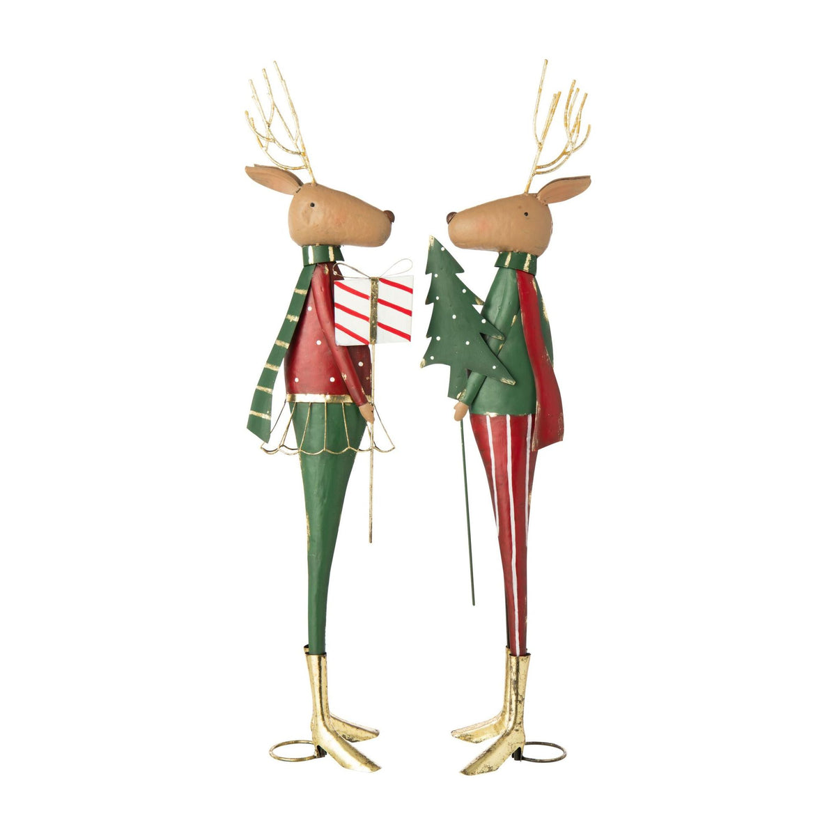 Renne avec sapin de Noël et cadeau en métal rouge/vert foncé, assortiment de 2 – J-Line