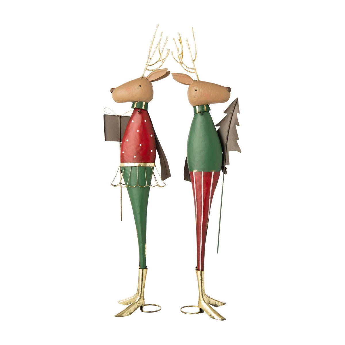 Renne avec sapin de Noël et cadeau en métal rouge/vert foncé, assortiment de 2 – J-Line