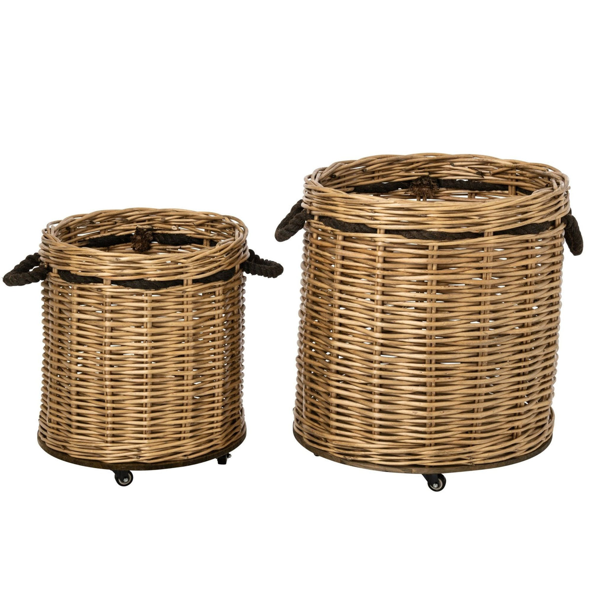 Lot de 2 Pots de fleurs sur roulettes Ronds Osier Naturel/Grège J-Line
