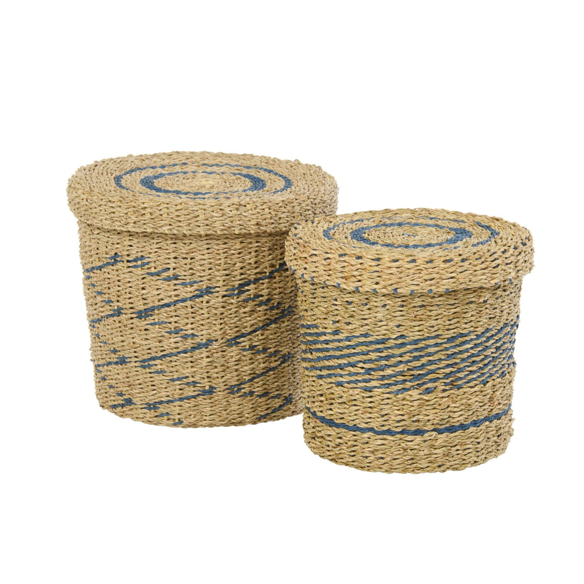 Lot de 2 paniers + couvercles en papier rayé naturel/bleu J-Line