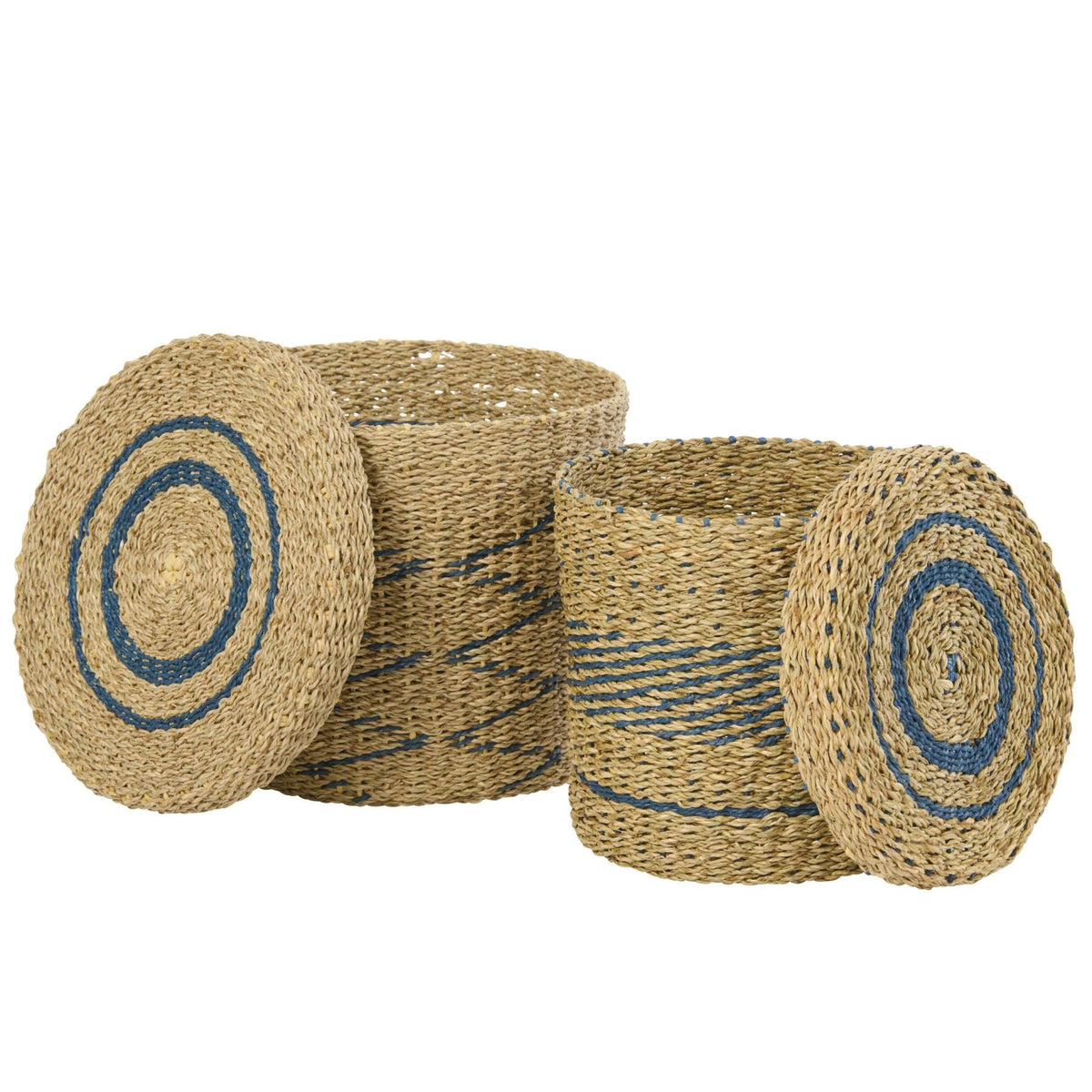 Lot de 2 paniers + couvercles en papier rayé naturel/bleu J-Line