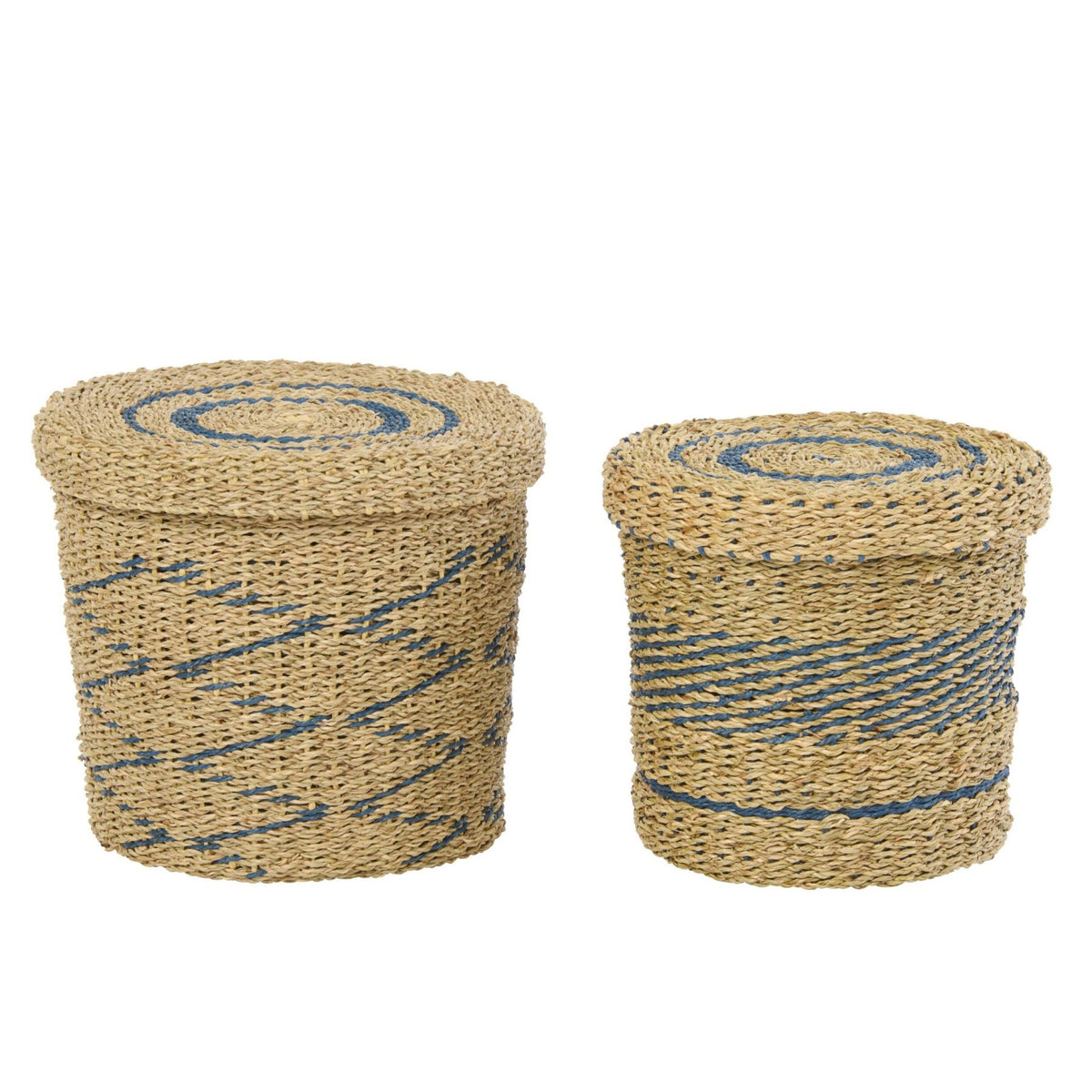 Lot de 2 paniers + couvercles en papier rayé naturel/bleu J-Line