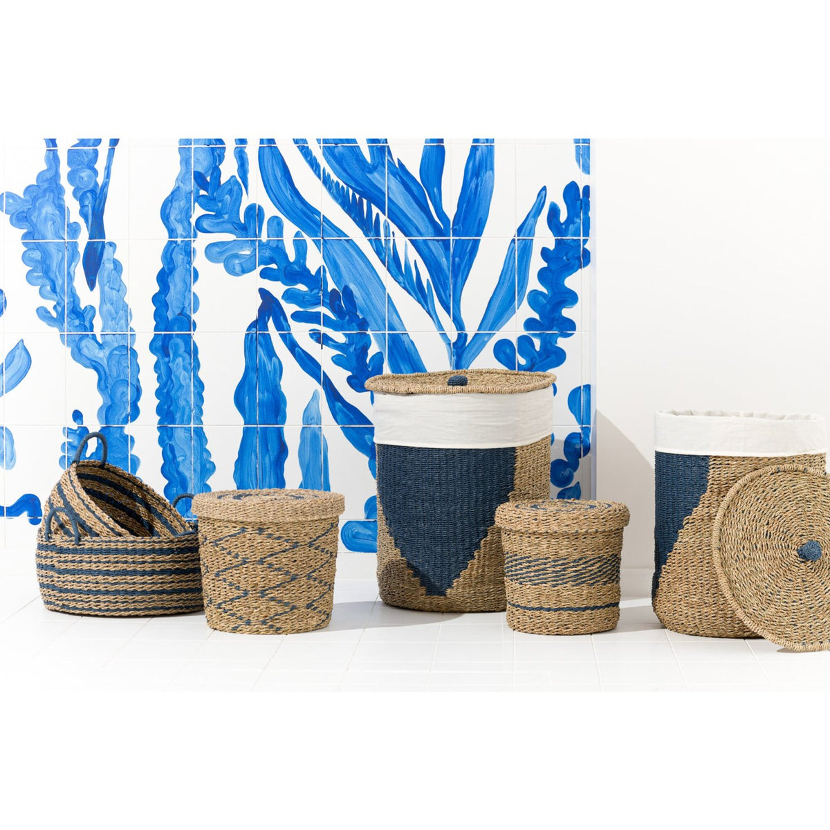 Lot de 2 paniers + couvercles en papier Naturel/Bleu J-Line