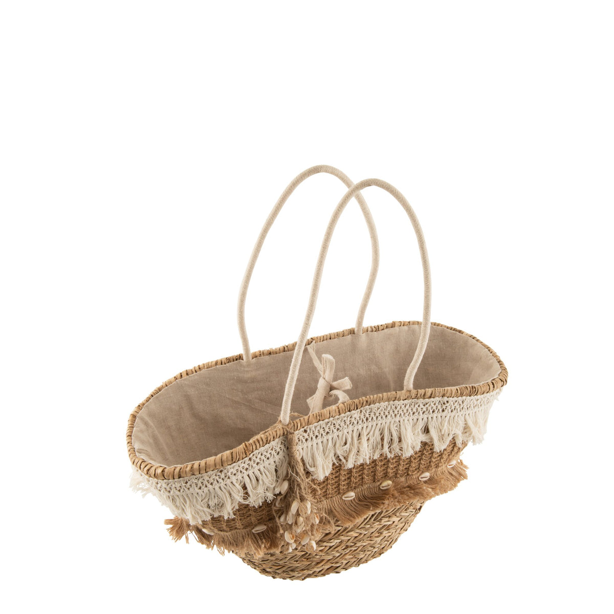 Sac de plage en paille à pompons en jute naturel/écru J-Line