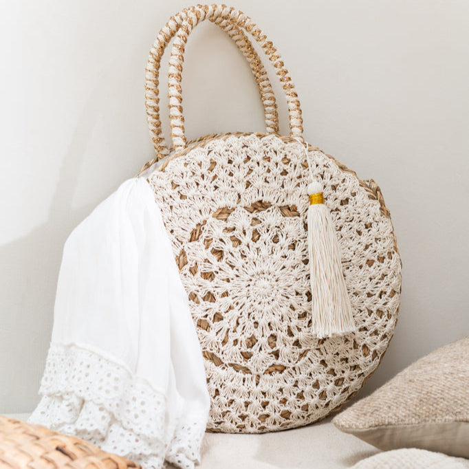 Strandtas Rond + Kwast Zeegras/Kant Nat/Wit - Tas - J-Line - livinglovely.nl