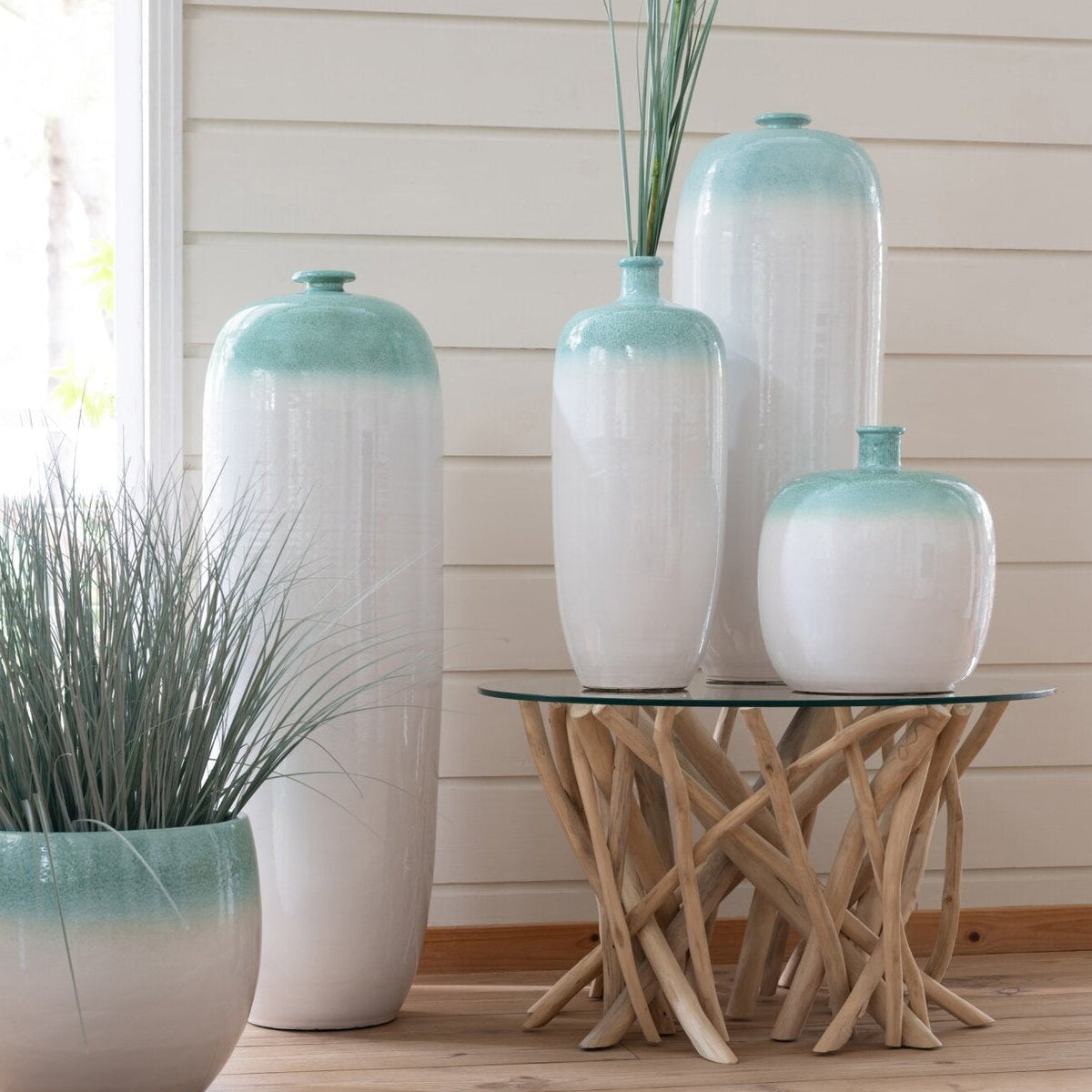 Vase de sol en céramique vert menthe/blanc, moyen, J-Line