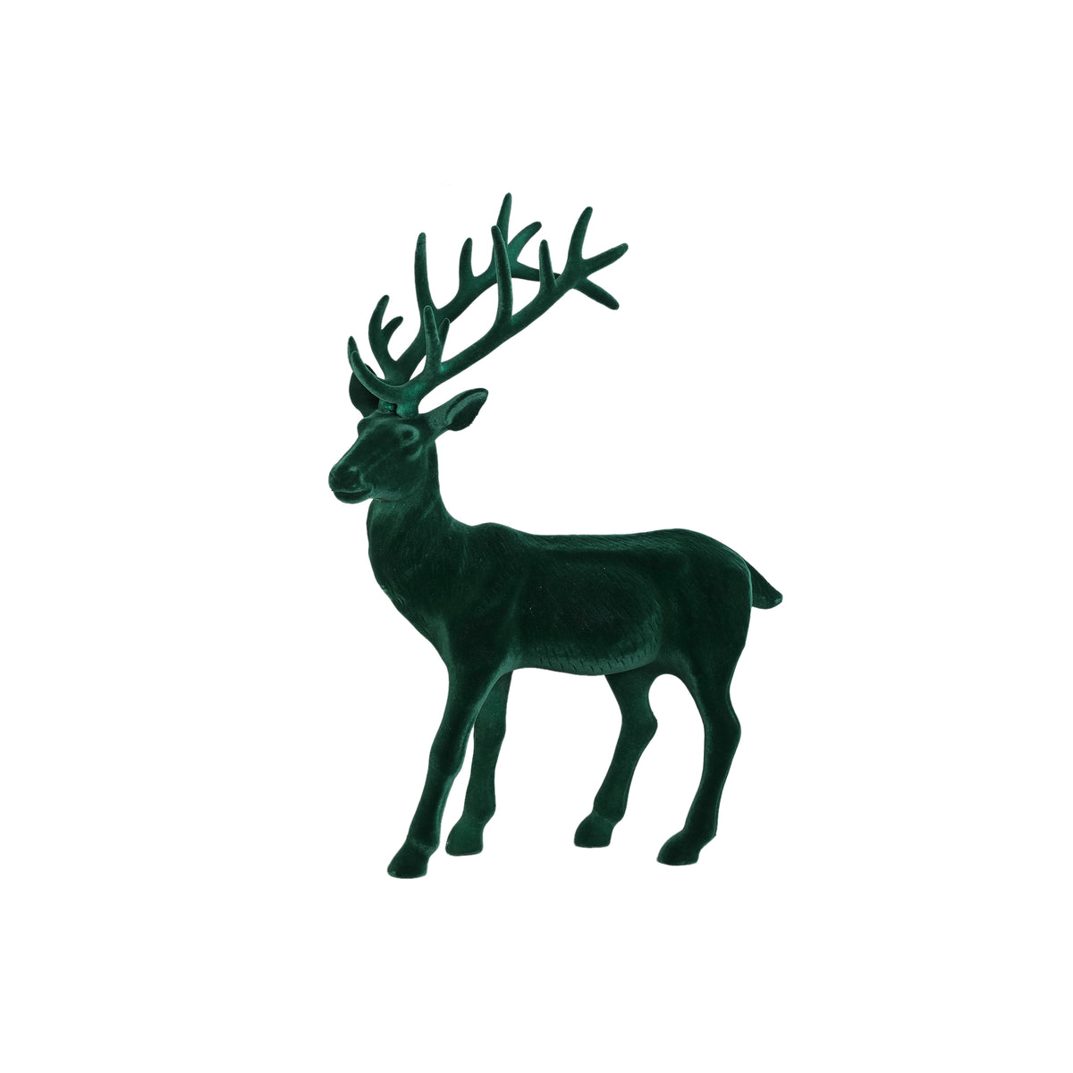Yule Rendier Beeld Donkergroen van PTMD, staand rendier met groot gewei in donkergroen fluweel op witte achtergrond