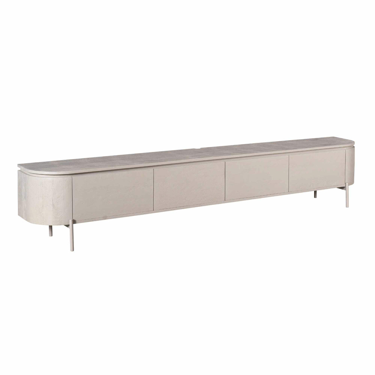 Tv-meubel Excellent in taupe mangohout van Starfurn iets schuin op metalen pootjes