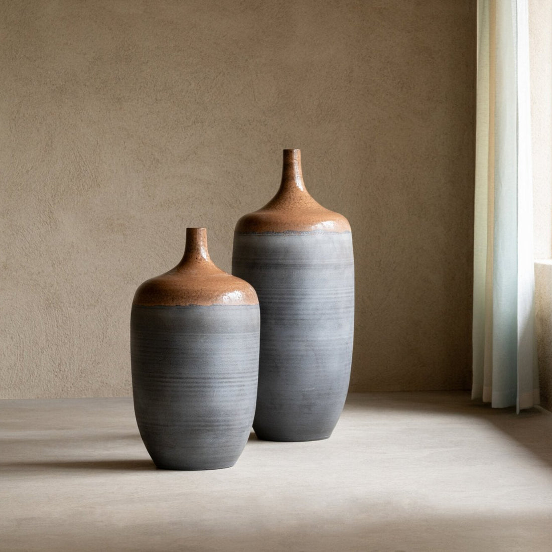 Vase de sol Bouteille Céramique Caramel/Bleu gris Large J-Line