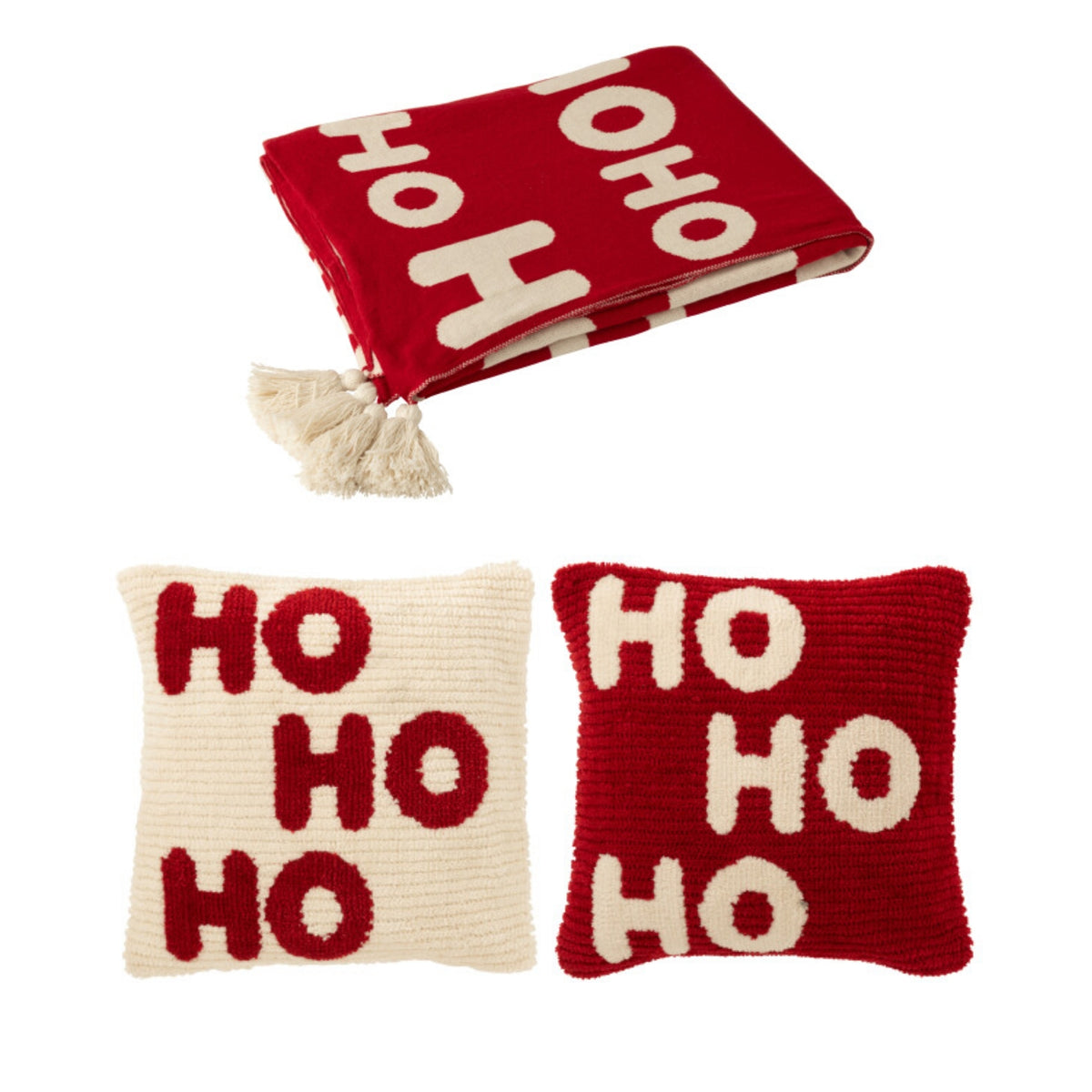 Set de Noël Plaid &amp; Coussins de Noël HoHoHo Rouge/Blanc J-Line