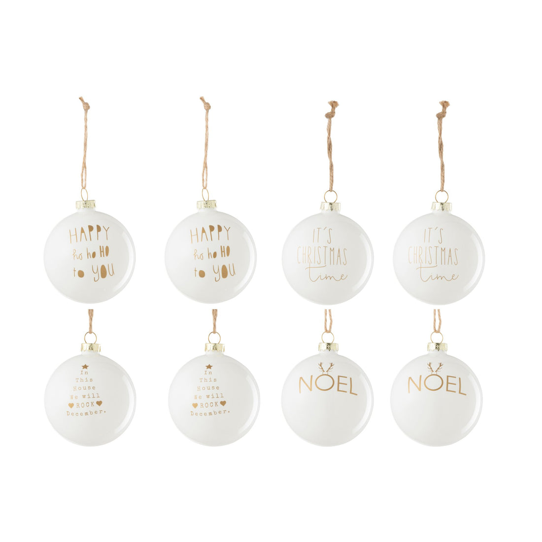 Boîte de 8 boules de Noël 2+2+2+2 Texte Noël Verre Blanc/Or J-Line