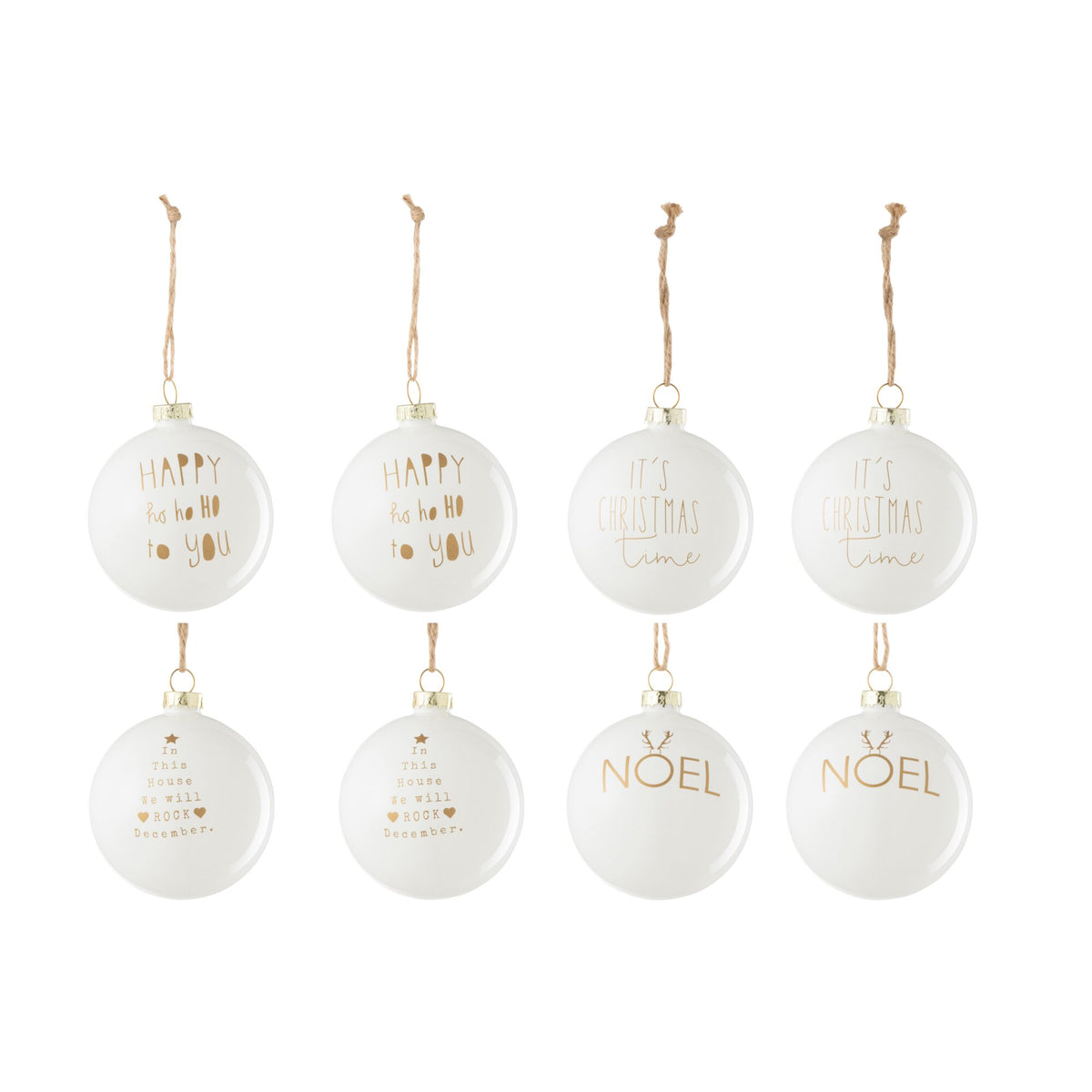 Boîte de 8 boules de Noël 2+2+2+2 Texte Noël Verre Blanc/Or J-Line