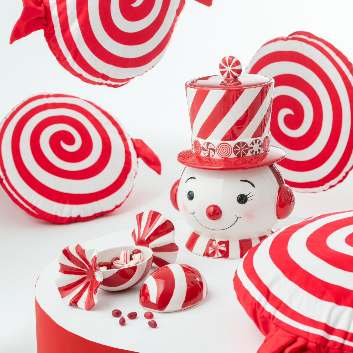 Déstockage Bonhomme de neige décoratif + Chapeau Dolomite Rouge de Noël/Blanc J-Line