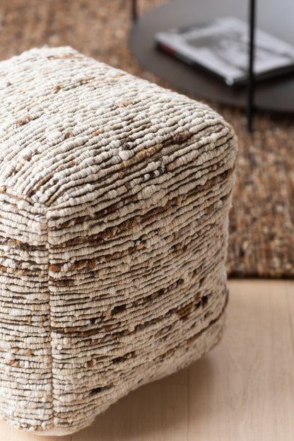 Pouf en laine tissée Écru/Marron 45x45x45cm J-Line