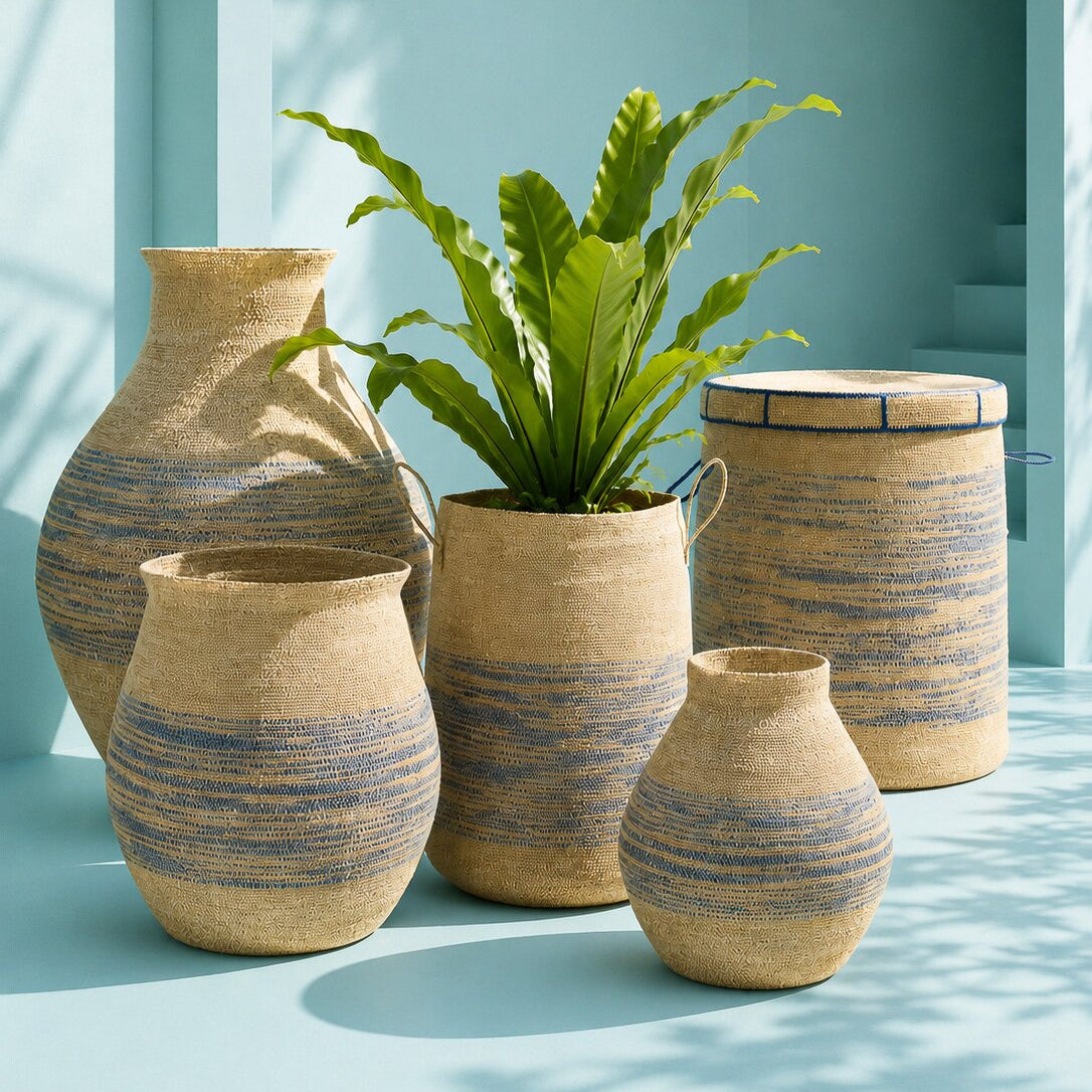Panier Avec Poignée Herbe de la Mer Naturel Bleu J-Line