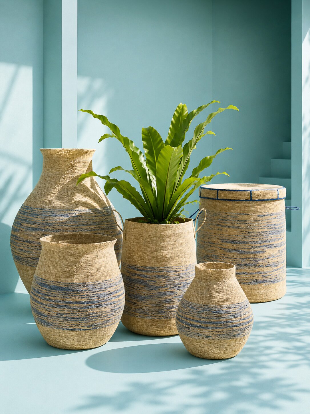 Panier Avec Poignée + Couvercle Rayé Herbe de la Mer Naturel/Bleu J-Line
