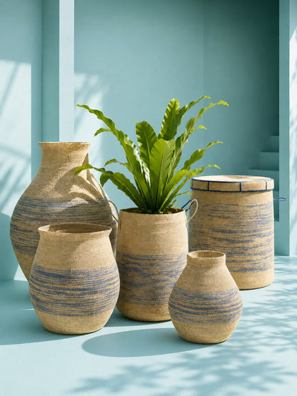 Panier Avec Poignée + Couvercle Rayé Herbe de la Mer Naturel/Bleu J-Line