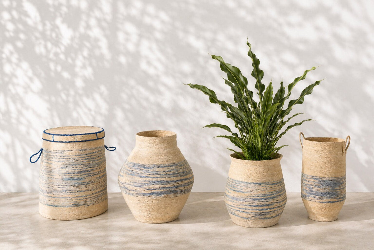 Panier Avec Poignée + Couvercle Rayé Herbe de la Mer Naturel/Bleu J-Line
