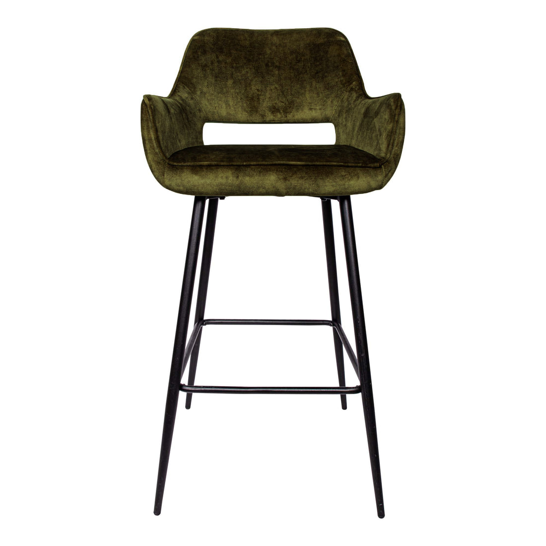 Tabouret de bar Fallon en velours vert avec pieds en métal noir, lot de 2, KD, PTMD