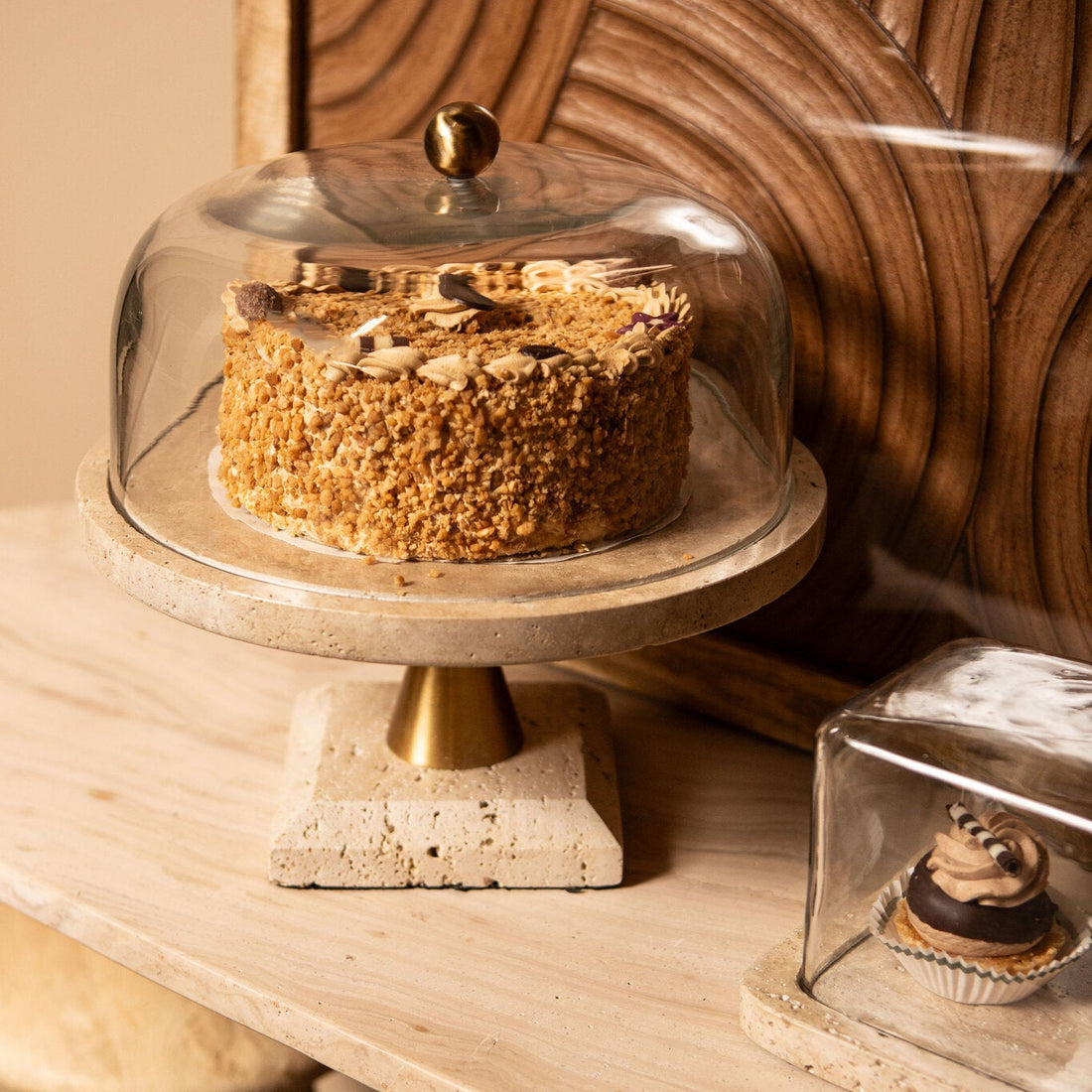 Plateau à tarte Lyron Travertin Naturel Rond Verre Bell Large PTMD
