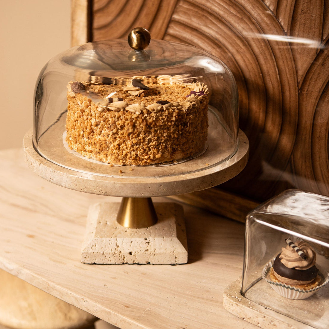 Plateau à tarte Lyron Naturel Travertin Rond Verre Bell Small PTMD